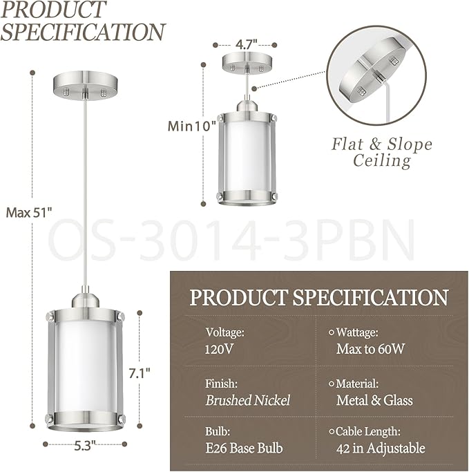 Brushed Nickel Pendant Lights Kitchen Island, 1-Light Modern Mini Hanging Light Fixtures with Milk Glass, Farmhouse Kitchen Pendant Lighting Over Island for Sink, OS-3014-1PBNW