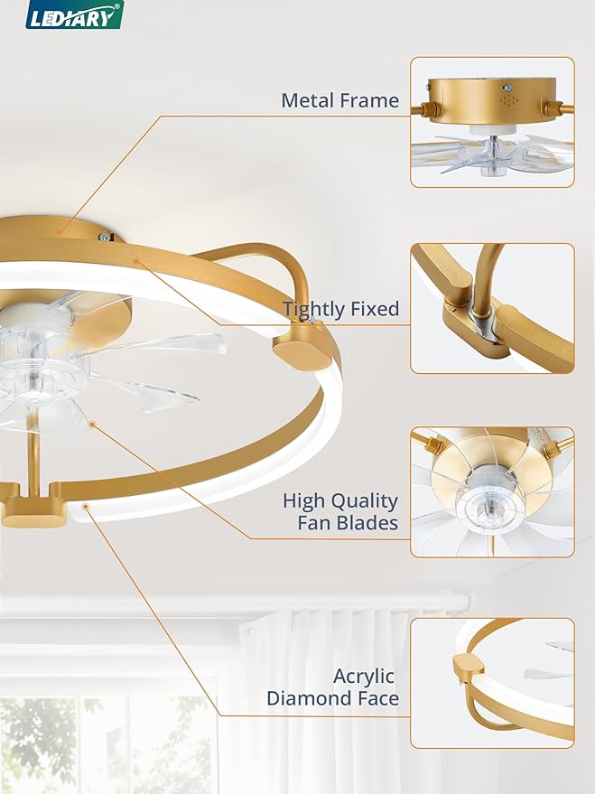 LEDIARY Ceiling Fans with Lights and Remote, 20'' Low Profile Ceiling Fan with Light, 3000-6000K Dimmable Fandelier LED Fan Light, 6 Wind Speeds, Gold Modern Flush Mount Ceiling Fan for Bedroom