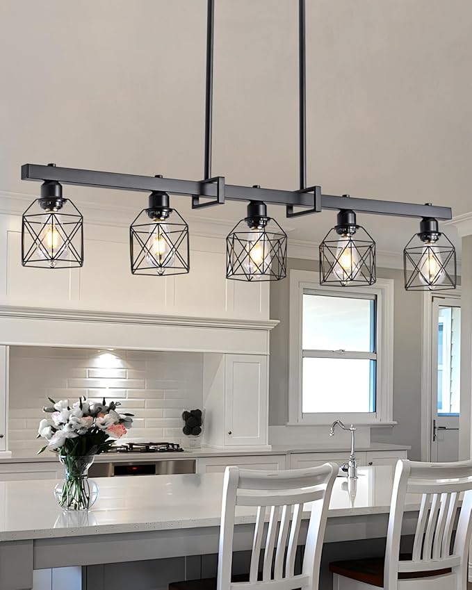 5-Light Farmhouse Kitchen Island Lighting Black Hardware and Black Metal cage Frame Design Rustic Vintage Pendant Ceiling Light Suitable for Dining Rooms and Living Rooms