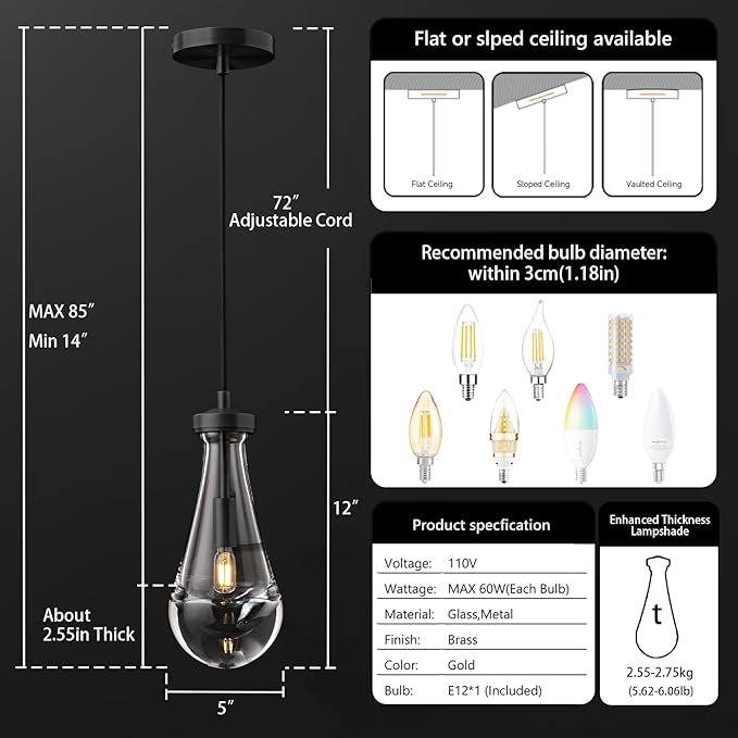 Raindrop Pendant Lights Kitchen Island Set of 2, Black Rain Pendant Island Light DimmableTeardrop Pendant Lights Dining Room Height Adjustable Glass Waterdrop Pendant Light, E12 Bulb Included