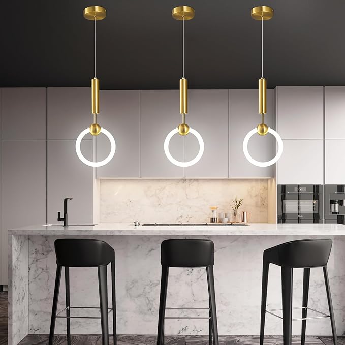 Modern LED Pendant Light Fixtures, Simplicity Gold Pendant Lighting,Circular Hanging Chandelier for Kitchen Island Dining Room Bedroom Entryway Hallway(Gold 1-Pack)