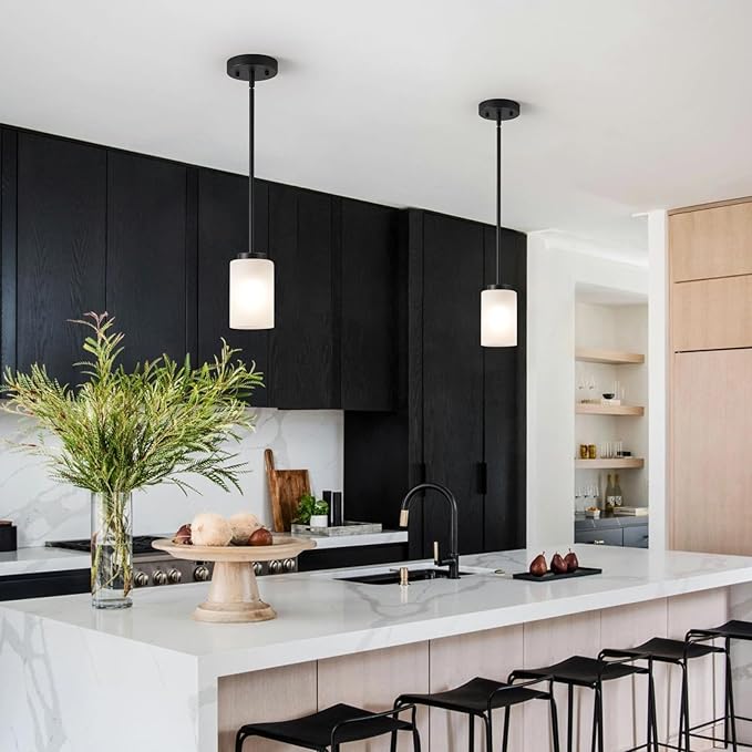 1-Light Mini Pendant Light Fixtures, Industrial Chandelier Hanging Ceiling Lights with Opal White Glass, Adjustable Height, Black Pendant Lamp, 2 Pack