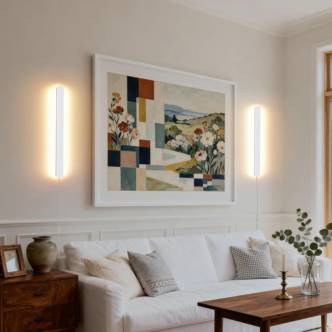 KELUOLY Modern Plug in Wall Sconces, 23.6 inch Frosted White LED Long Wall Lights, 12W Warm White 3000K Acrylic Indoor Wall lamp,with 59" Plug Cable for Bedroom, Living Room, Bathroom Makeup, Hallway