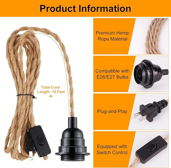 Industrial 15ft Pendant Light Cord - Hanging Light Kit with Switch Plug, Plug-in Pendant Light Cord Rope Pendant Lights Socket Set E26 E27 for Pendant Lamp Farmhouse Lamp Cable DIY Room Decor
