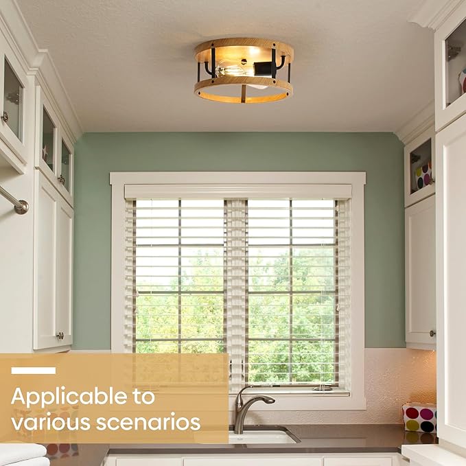 Flush Mount Ceiling Light Fixture, 11inch 2-Light Drum Close to Ceiling Lighting, Rustic Black Metal and Wood E26 Base Hanging Lamp for Hallway Entryway