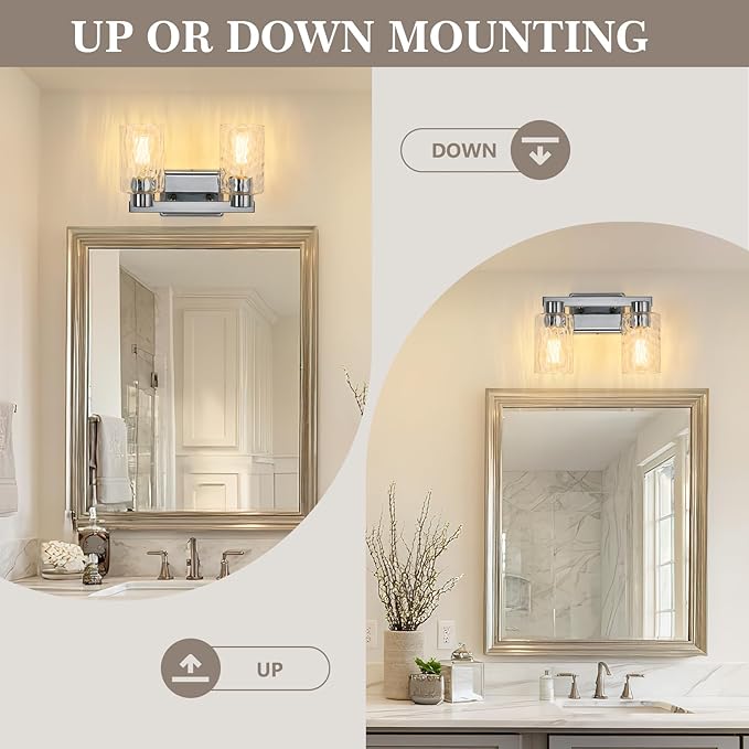 2-Light Bathroom Light Fixtures Modern Chrome Vanity Lights with Water Ripple Glass Wall Sconces Over Mirror for Bathroom, Powder Room, Living Room