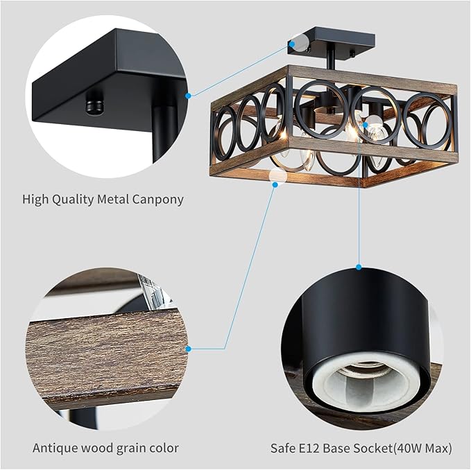 XINGQI Modern 4-Light 13'' Farmhouse Vintage Semi Flush Mount Ceiling Light Fixture for Living Dining Room Bedroom, Antique Wood Grain+Black Finish with Square Metal Shade,E12 Bulbs