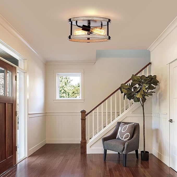 2 Pack Farmhouse Flush Mount Ceiling Light Fixture, 12.5 Inch 2-Light Rustic Ceiling Mount Light Fixtures, Round Drum Oak Wood Finish Flush Mount Lights for Kitchen Bedroom Hallway Dining Room