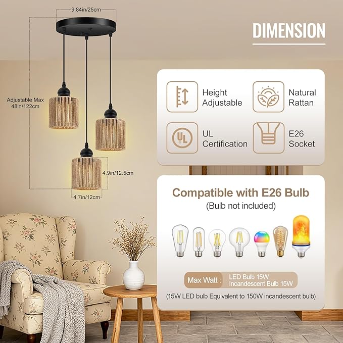BoostArea 3-Light Rattan Pendant Lights Kitchen Island, Farmhouse Chandelier with Handwoven Wicker Shade, Adjustable Height Boho Hanging Light for Kitchen Island/Dining Room/Bedroom/Hallway, No Bulb