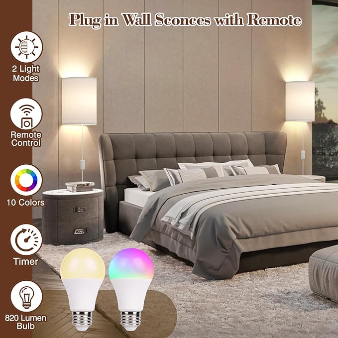 Plug in Wall Sconces Set of Two: Wall Lights with 7 RGB Colors - 3 Color Temperature Wall Mount Lamps with Remote - Fabric Linen Wall Sconc for Bedroom Living Room & Hallway- Indoor Corded Wall Sconce