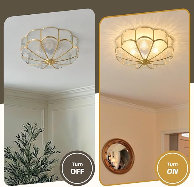 Brass Vintage Gold Ceiling Light - Large 17.7 Inch Hammered Glass Mid Century Flush Mount Lighting Fixtures - Art Deco Antique Modern Lamps for Hallway Bedroom Kitchen Entryway Laundry Foyer Bathroom