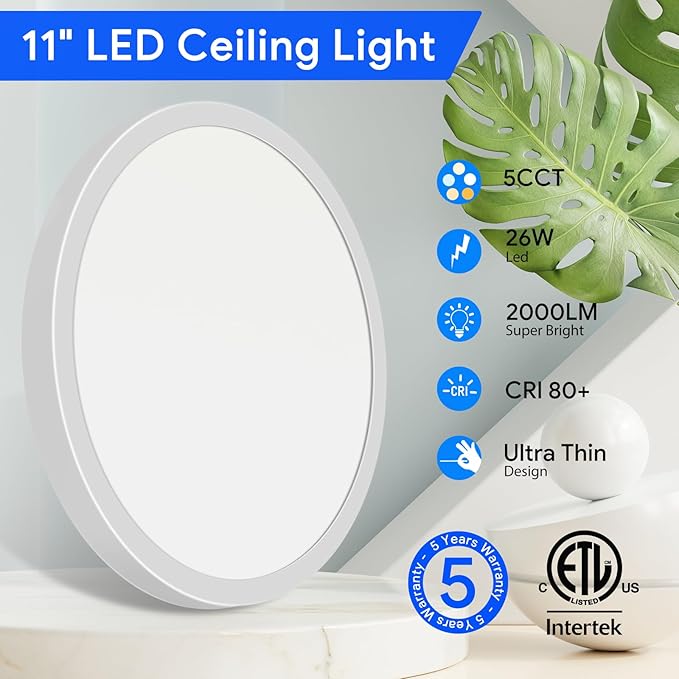 Energetic 5CCT Flush Mount Ceiling Light Fixtures, 26W LED Ceiling Lights for Bedroom, Kitchen, Bathroom, Hallway, 2700/3000/3500/4000/5000K, Super Slim, 11 Inch, Brushed Nickel Metal Ring, 3 Pack