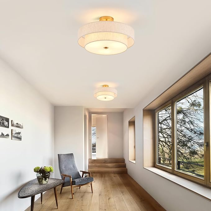 Modern Semi Flush Mount Ceiling Light 18" Modern Gold 3-Lights Drum Ceiling Lighting Fixture Vintage Linen Golden Ceiling Lamp for Laundry Room, Kitchen, Basement, Dining Room, Bedroom