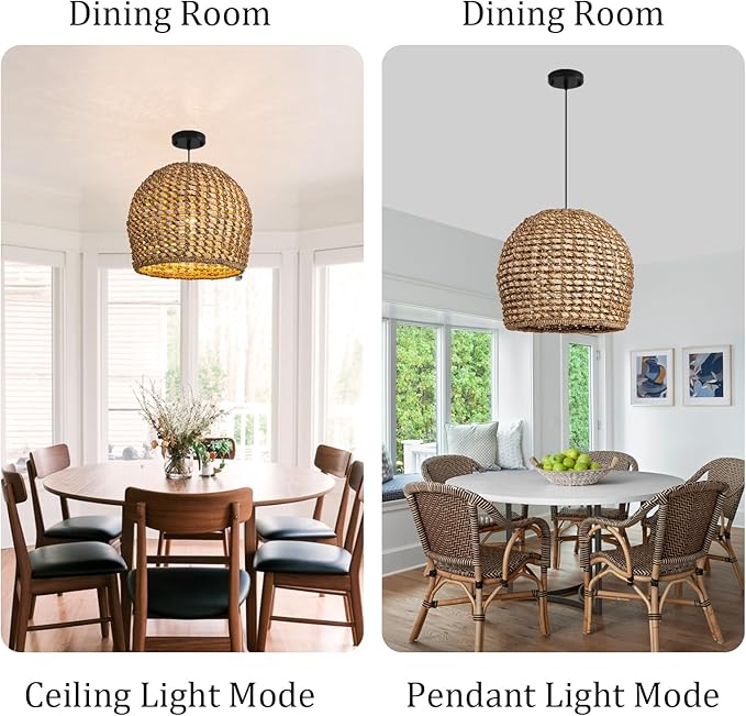 13.77" Brown Rattan Pendant Light Fixtures,1-Light Boho Seagrass Pendant Light,Hand Woven Water Plants Rattan Chandelier for Dining Living Bedroom Kitchen Farmhouse