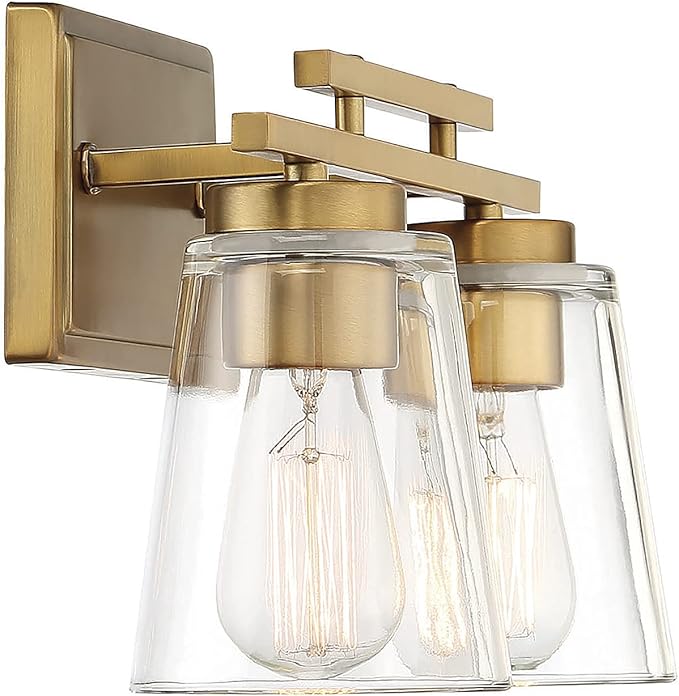 Savoy Essentials 8-1020-2-322 Calhoun Modern Clear Glass Bathroom Vanity Wall Light, 2-Light 120 Total Watts, 9" H x 15" W, Warm Brass