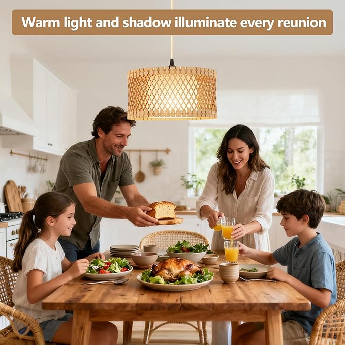 ZSLAIFU Hanging Lamp Plug in Pendant Light, 15FT Hanging Lights with Plug in Cord, Hanging Light with Bulb and Remote, Wood Shade Hanging Lamps for Bedroom, Living Room, Kitchen, Farmhouse
