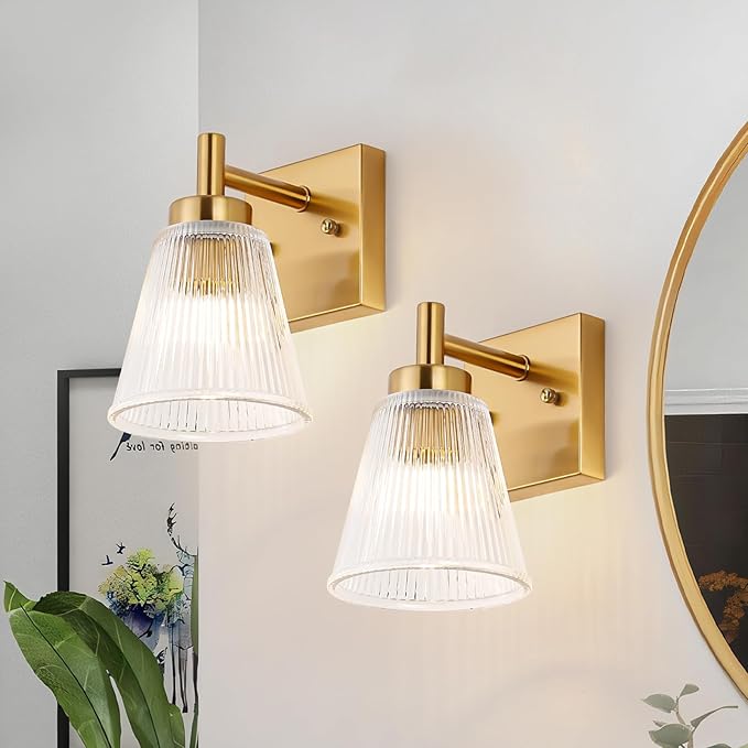 OCIOC Gold Hardwired Wall Sconces Set of Two, Modern Glass Wall Lights for Bathroom, Wall Mounted Light for Bedroom, Living Room, Hallway, Cabinet Porch