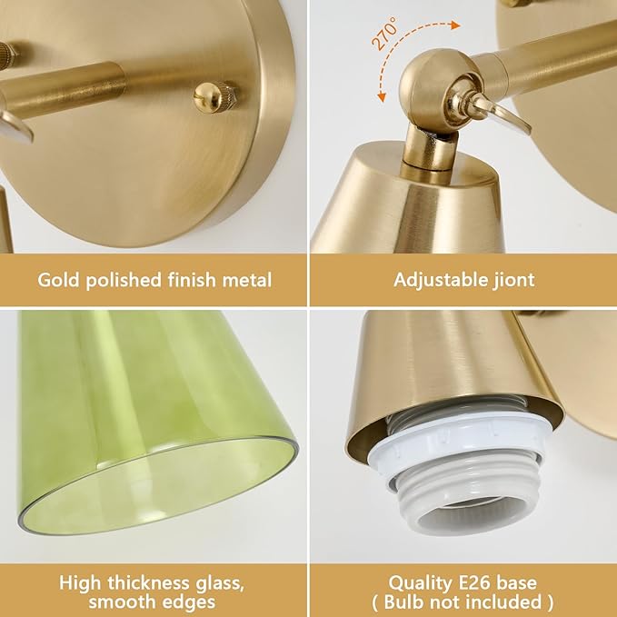 MWZ Gold Wall Sconce Decor Set of 2,Modern Brushed Brass Sconces Lighting with Green Glass Shade,Bathroom Light Fixtures Over Mirror,Vanity Lights Over Sink,Indoor Wall Mount Adjustable Angle Lamp