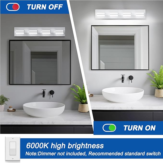 IZORRO LED Modern Bathroom Lights Fixtures(4-Light,Dimmable,360°Rotate),Matte White Acrylic Wall Lighting,Vanity Lights for Bathroom Over Mirror - 6000k 24In （No Assembly Required）