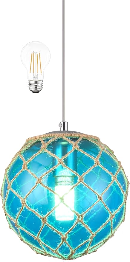 Blue Pendant Light Coastal Pendant Light Nautical Pendant Lighting Beach House Lighting Fixtures Ocean Lighting Fixture Coastal Hanging Light Fixtures Fish Float Glass Ball Lighting(Bulb Incl.