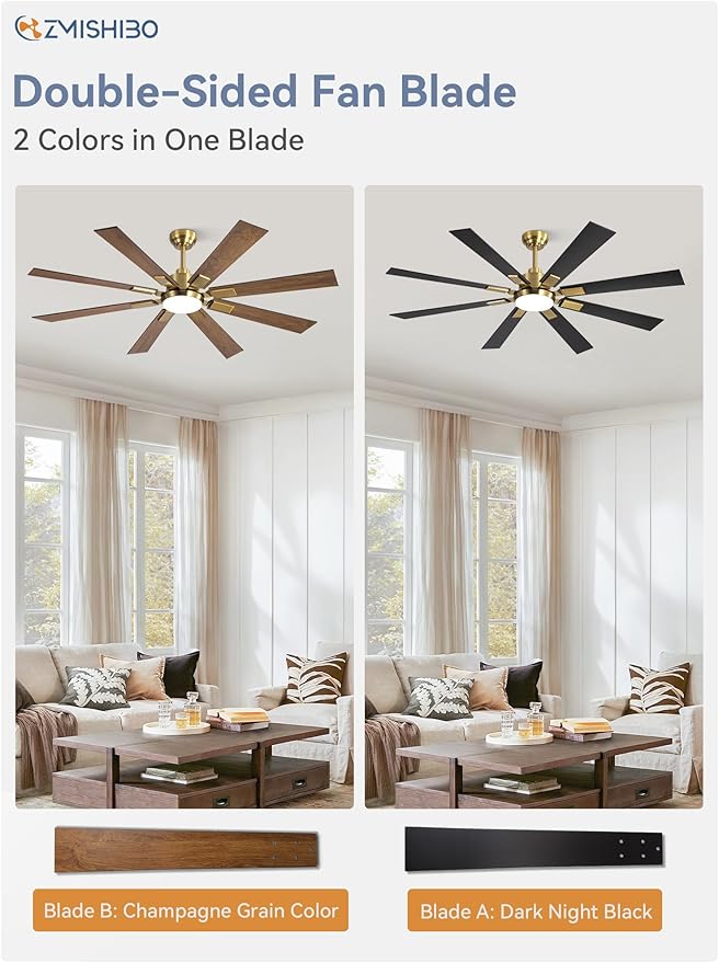 ZMISHIBO 62 Inch Black and Gold Ceiling Fans with Lights and Remote, Indoor/Outdoor Ceiling Fan for Patio Living Room, 6 Speed Reversible Quiet DC Motor, 3 CCT, Dual Finish Blades