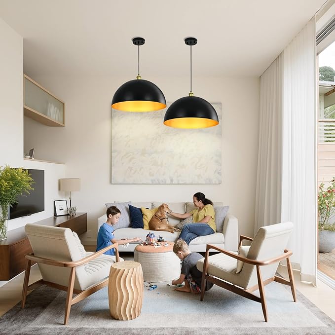 Black-Farmhouse Pendant-Light Hanging-Lamp Fixtures - 16 inch Kitchen Island Pendant Lights Industrial Dome Ceiling Lighting Dining Room Large Vintage Light for Indoor Black and Gold