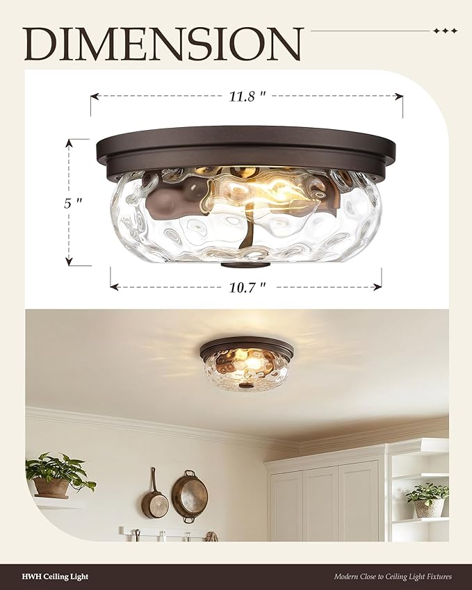 Farmhouse Ceiling Light Fixtures, HWH 2-Light Flush Mount Ceiling Light for Bedroom, Indoor Ceiling Mount Light with Water Ripple Glass, Oil-Rubbed Bronze Finish, 5HJX109F ORB-WG
