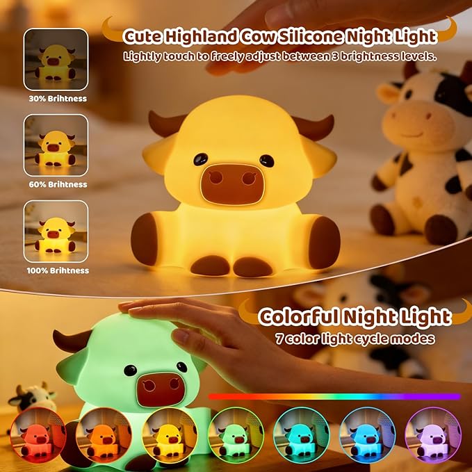 Cute Highland Cow Night Light, LED Touch Silicone Lamp for Bedroom with 7 Colors Timer and Dimmable Squishy Rechargeable Warm Light Night Lights, Animal Lamp for Bedroom Decor Birthday Gift