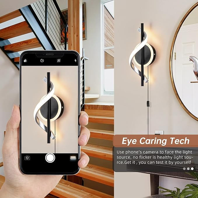 EIDISUNY Black Plug in Wall Sconces Sets of 2, 12W Modern Spiral LED Wall Lamp, 3000K Warm White Wall Light Fixture for Stairs Living Room Bedroom Aisle Hallway
