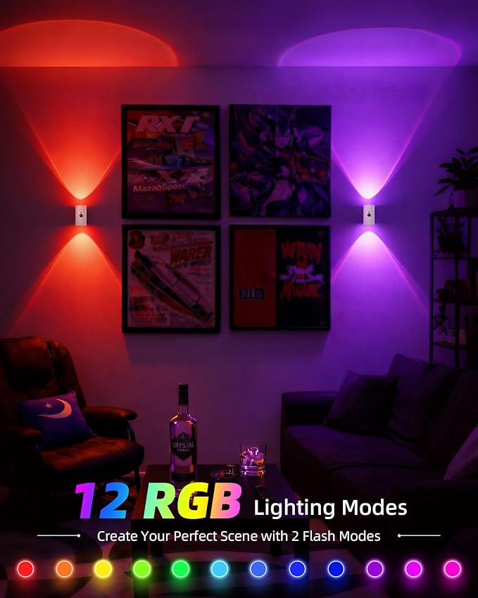 EZVALO Motion Sensor Wall Sconces, Battery Operated Wall Lights with 4000mAh Rechargeable Battery, 3 CCT & 12 RGB Remote LED Lights for Hallway, Stairway (White, 2 Pack)