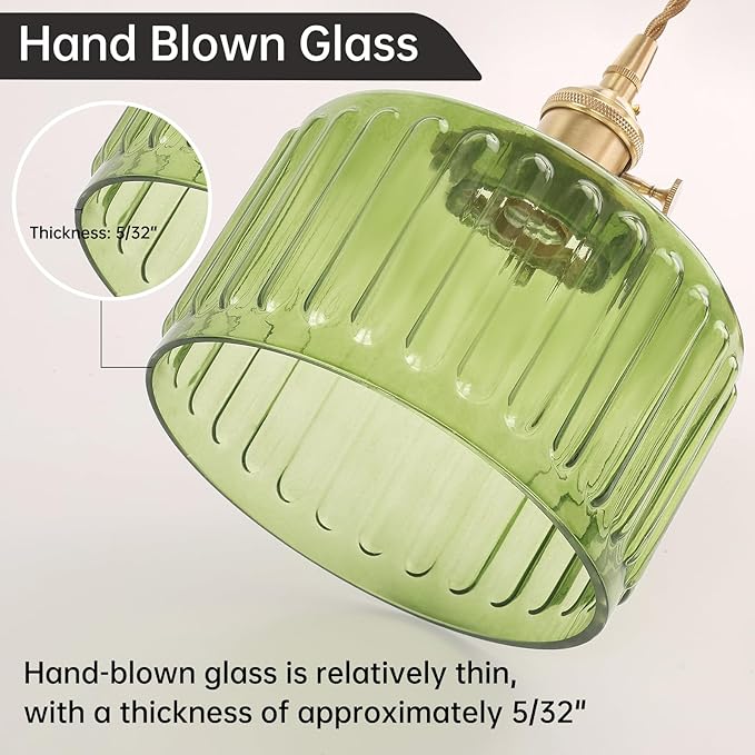 Shenmoyl Plug in Pendant Light Hanging Light Fixture Corded On/Off Switch Brass Pendant Light with Green Striped Glass Lampshade for Bedroom Living Room Kitchen Island