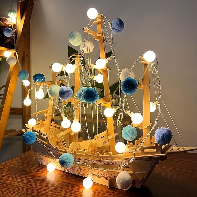 ChiRee Indoor String Lights 6.56 Feet Pom Poms Fairy 20 LED Battery Operated Ball Warm White Globe Colorful Decor for Home Bedroom Kids Playhouse Holiday Christmas
