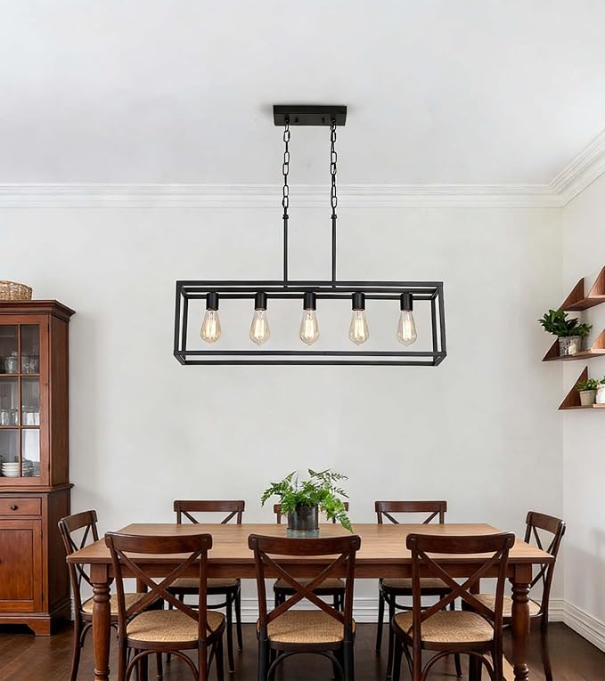 Black Dining Room Light Fixture,5 Light Rectangle Chandelier for Dining Room,Modern Farmhouse Light Fixture for Kitchen Island,Linear Light for Bedroom,Hallway,Foyer,Adjustable Height