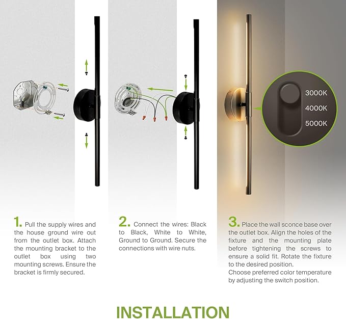 ASD LED 28" Linear Tube Wall Sconce, Modern Bathroom Light Bar | 3CCT, Dual 360° Rotatable, Dimmable, ETL Listed | 11W 1064LM 3000-5000K 100-277V | Bedroom, Hallway Vanity Lighting | Black, 2 Pack