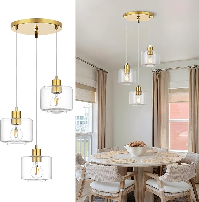 Brushed Gold Dining Room Chandelier Light Fixture, 3-Light Pendant Lighting with Clear Glass, Modern Kitchen Island Cluster Hanging Pendant Lights for Kitchen Dining Room, OS-YQ8153-3BGC