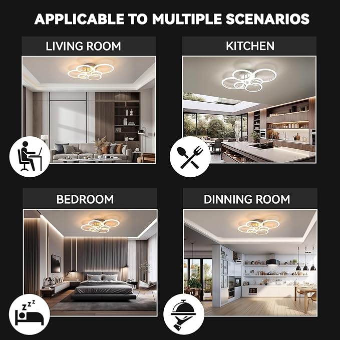Modern LED Ceiling Light, White 6 Rings Flush Mount Ceiling Light Fixture, with Smart App & Control, 2800-7000K Lighting Fixture Ceiling Lamp for Kitchen, Bedroom, Living Room, Laundry Room