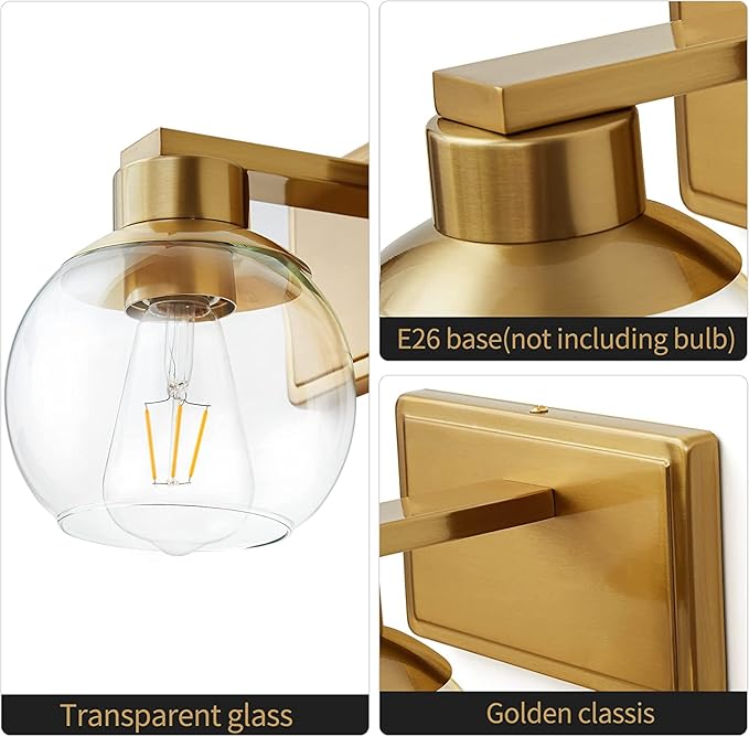 PAZALA Brushed Brass Bathroom Light Fixtures Over Mirror 5-Lights Vanity Light Wall Sconce with Globe Glass Shade E26 Base Perfect for Hallway Picture Wall Lighting Bathroom Bedroom Mirror Living Room