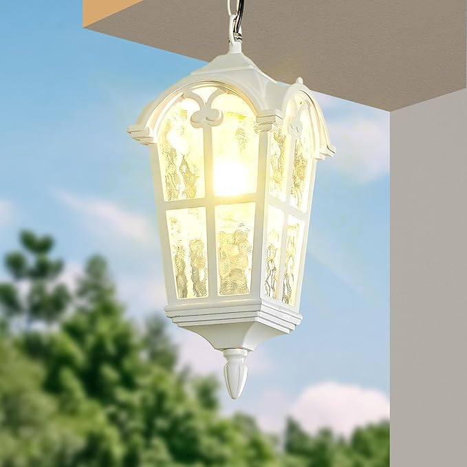 Outdoor Pendant Light for Porch Patio Garden Yard, Anti-Rust Aluminium Exterior Hanging Light Fixtures, Outside White Vintage Hanging Ceiling Light, Height Adjustable Outdoor Pendant Lamp