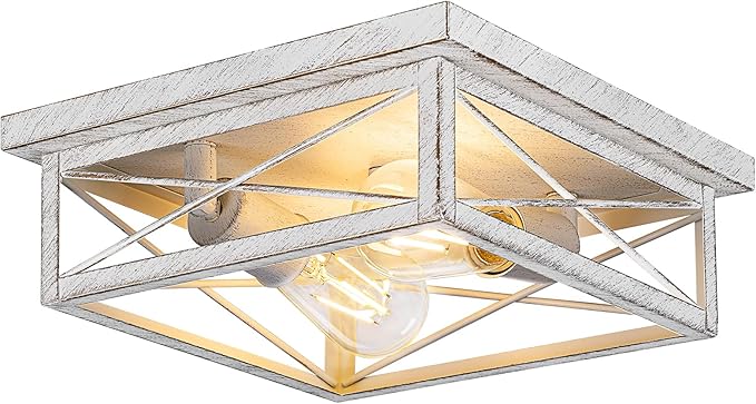 Antique White Hallway Light Fixture, 2-Light Farmhouse Flush Mount Ceiling Lighting, 1-Pack Metal Kitchen Lighting Fixture, Square Close to Ceiling Lamp for Bedroom Living Room Entryway