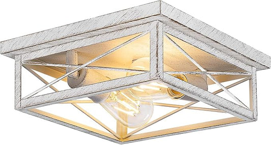 Antique White Hallway Light Fixture, 2-Light Farmhouse Flush Mount Ceiling Lighting, 1-Pack Metal Kitchen Lighting Fixture, Square Close to Ceiling Lamp for Bedroom Living Room Entryway