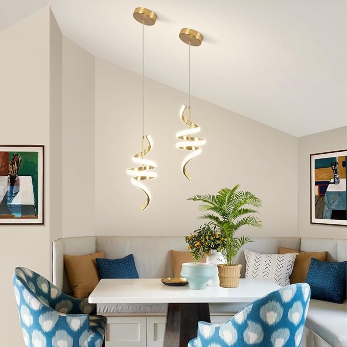 4000K Modern Pendant Light, 15IN Spiral LED Pendant Lights Adjustable Height Black Kitchen Island Fixtures Chandeliers for Dining Room Hanging Lights, 1 Pack (Gold,4000K, Hardwired,2PACKS)