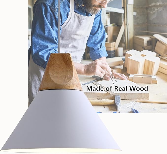 Modern Pendant Light Fixture,Solid Wood Matte White Lampshade Style Ceiling Hanging Lamp,Pendant Lighting for Kitchen Island Dining Room Coffee Bar(White-1 Pack)