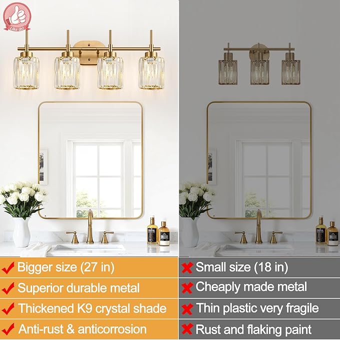 Modern Crystal Bathroom Vanity Light, 4-Light Gold Bathroom Light Fixtures Over Mirror, Crystal Vanity Light with Brushed Gold Finish (Bulbs Not Included)