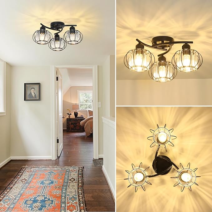 3-Light Crystal Semi Flush Mount Ceiling Light,Black Modern Close to Ceiling Light Fixtures,Kitchen Light Fixtures with Clear Crystal Shade,Hallway Light Fixtures for Hallway Bedroom Bathroom