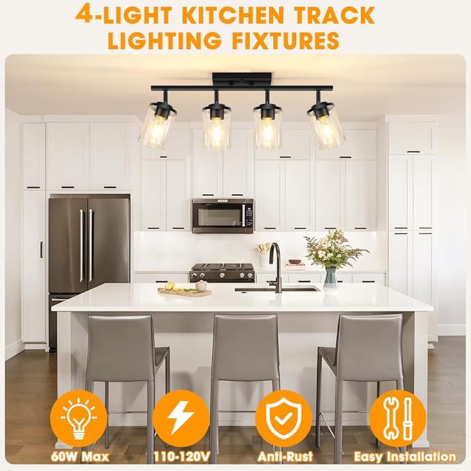 FadimiKoo 4-Lights Track Lighting Fixtures Ceiling with Clear Glass Shades, Modern Black Semi Flush Mount Ceiling Light, Rotatable Wall Mount Ceiling Lamp for Kitchen Hallway Bedroom