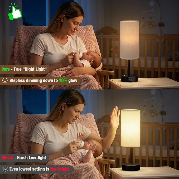 Touch Bedside Table Lamp with Memory - Stepless Dimmable Lamp for Bedroom, Small Nightstand Lamp with Dual USB Charging Ports and AC Outlet, Wood Night Light, Deak Lamp for Nursery (Beige & Black)