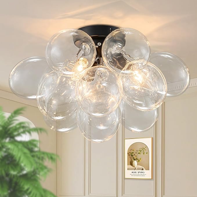 GoYeel Bubble Flush Mount Ceiling Light 17.72"-Black Small Chandelier Glass Globe Kitchen Lights Ceiling with 13 Clear Glass Globe for Kid Room Girls Room Foyer Living Room