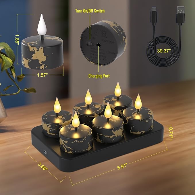 Flameless Tea Lights Candles with Charging Station,Black Marble Pattern,LED Tea Lights Candles with Remote Control Timer for Valentine's Day,Centerpiece Table Decorations,Anniversary,Home Decor,6-Pack