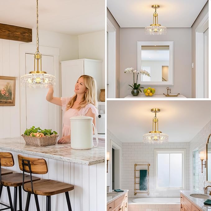 Vintage 3-Light Pendant Lights Kitchen Island, Gold Brushed Metal & Clear Glass Ceiling Pendant Light, Adjustable Antique Large Chandelier Light Fixture Over Table ,Bathroom, Breakfast, Hallway, E12*3