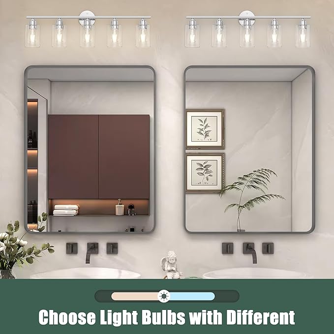 Espird Bathroom Vanity Light Fixtures Polished Chrome Bathroom Lighting Fixture, 5 Lights Bathroom Light Fixture Over Mirror, Modern Black Vanity Light, Wall Sconces with Glass Shades